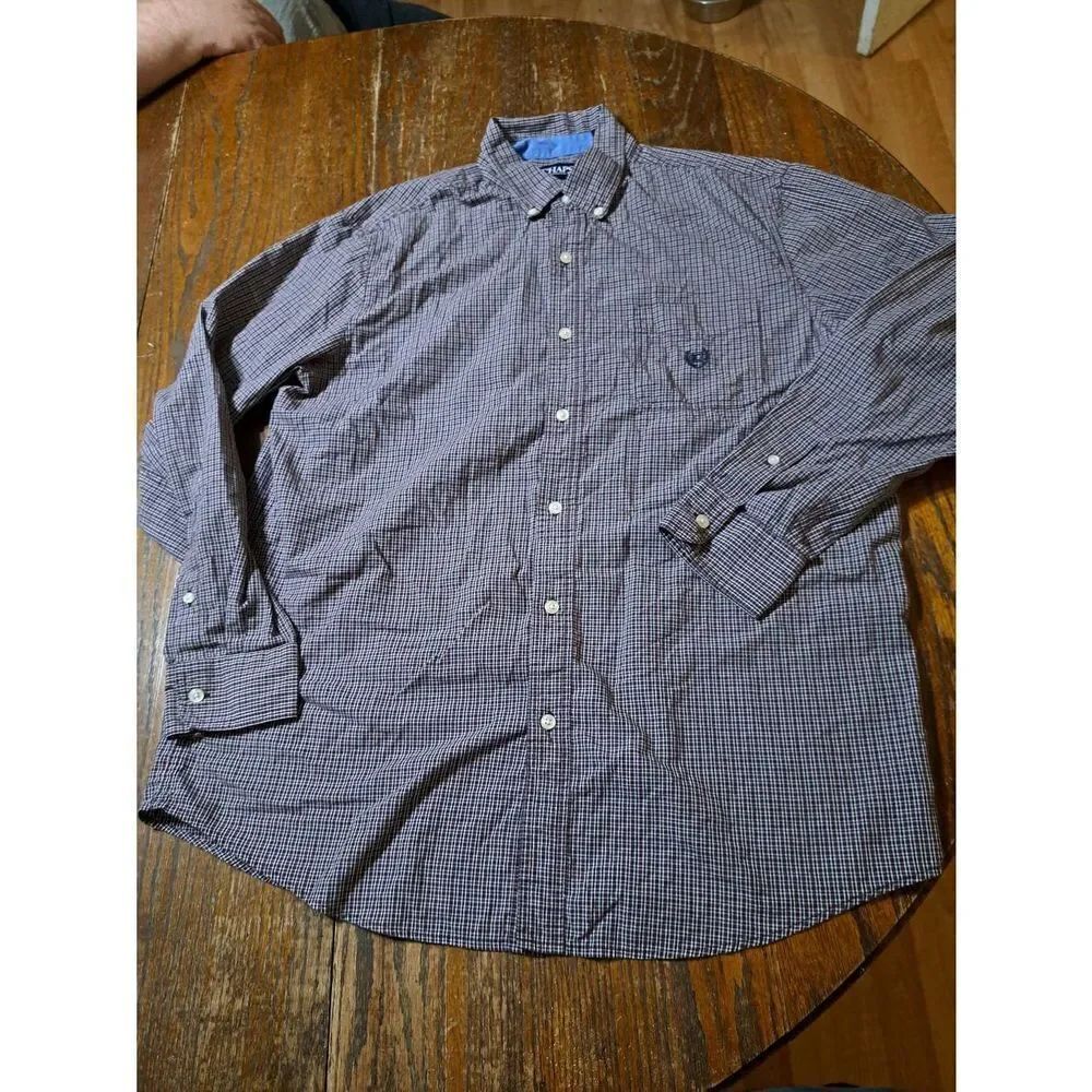 Large Chaps Easy Care Long Sleeve Button Burgandy Blue White Casual Dress Shirt